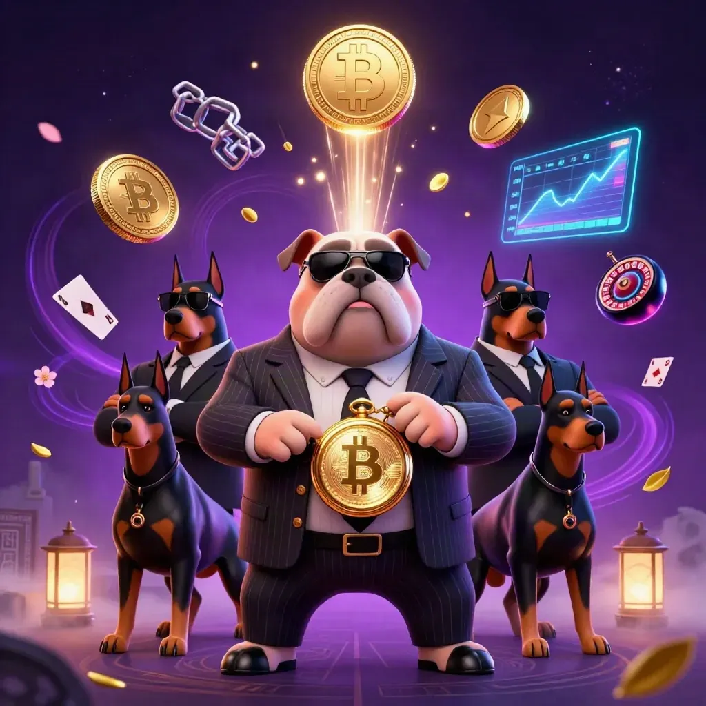 Bulldog boss and Doberman guards amid exploding gold coins, crypto symbols, and neon casino effects.