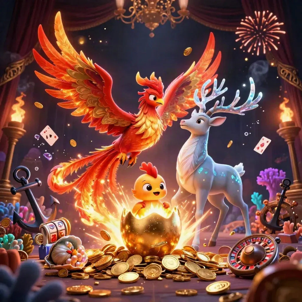 Phoenix, hatching egg, and crystal stag amid treasure, coins, coral, cards, and casino symbols.