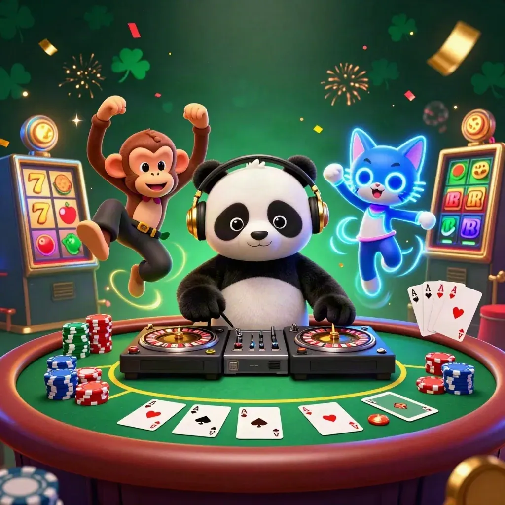 Panda DJ, dancing monkey and glow-stick kitten amid casino chips, cards and gold sparks.