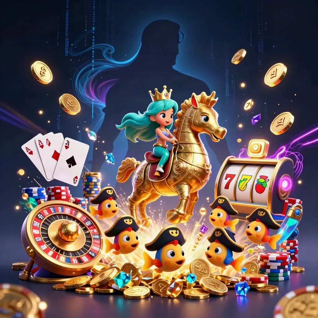 Mermaid princess on a golden seahorse amid casino coins, cards, chips and glowing reels