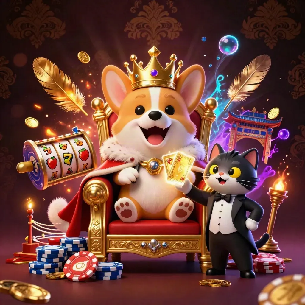 Royal corgi and cat butler on poker chips amid casino relics, gold glow, dark luxury backdrop