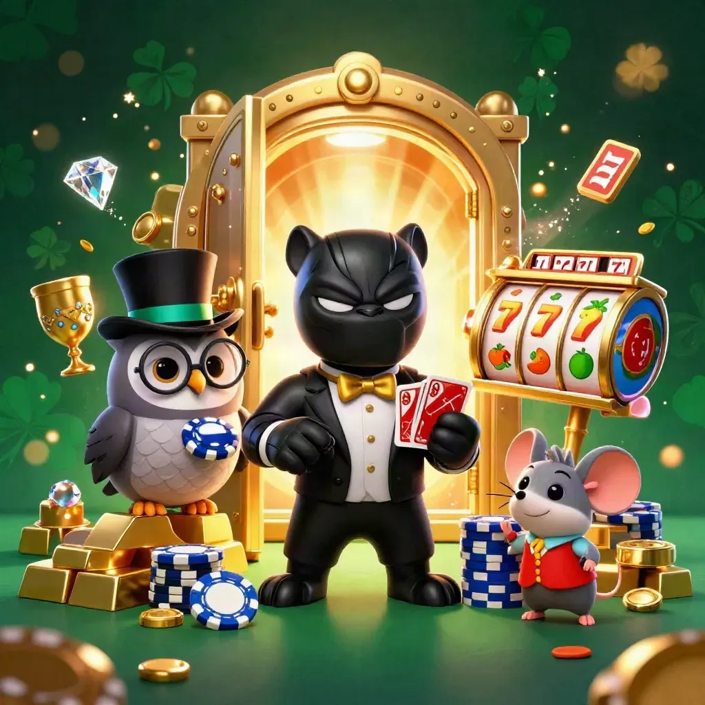 Panther, owl, and mouse in tuxedo casino key art with vault, gold, gems, and glowing reels.