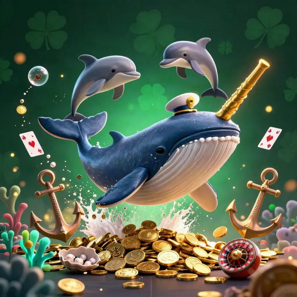 Whale captain, narwhal, and dolphins in a glowing coin-filled treasure cove.