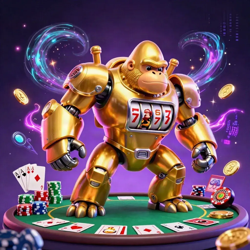 Golden gorilla slot mech with tiny pilot amid poker chips, cards, coins and neon energy.