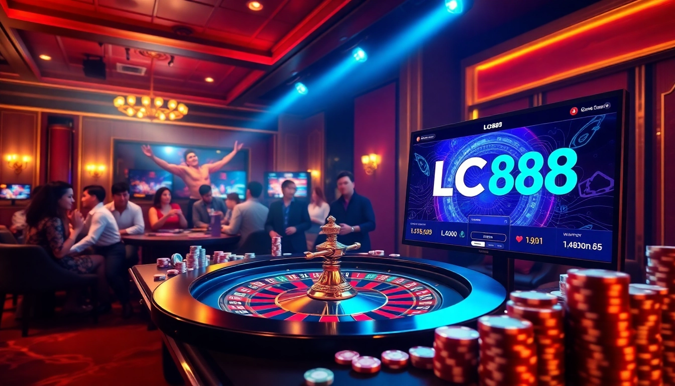 Experience the thrill of casino gaming with LC88, roulette action and vibrant chips.