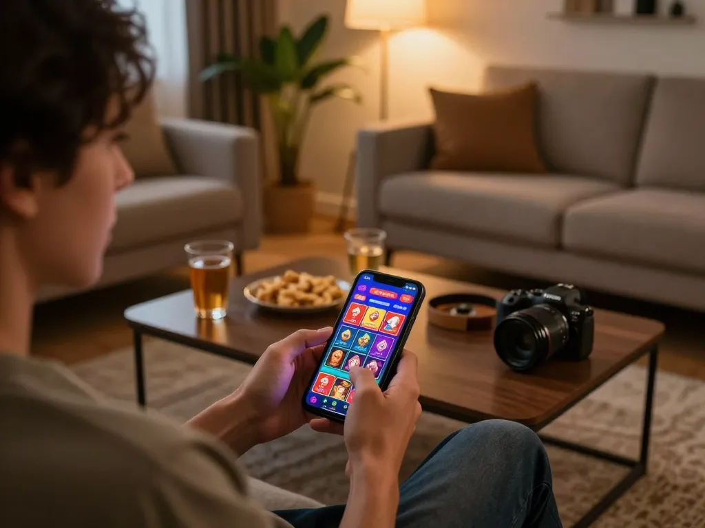 Player enjoying sv368 mobile gaming on smartphone in cozy living room, showcasing vibrant casino interface.