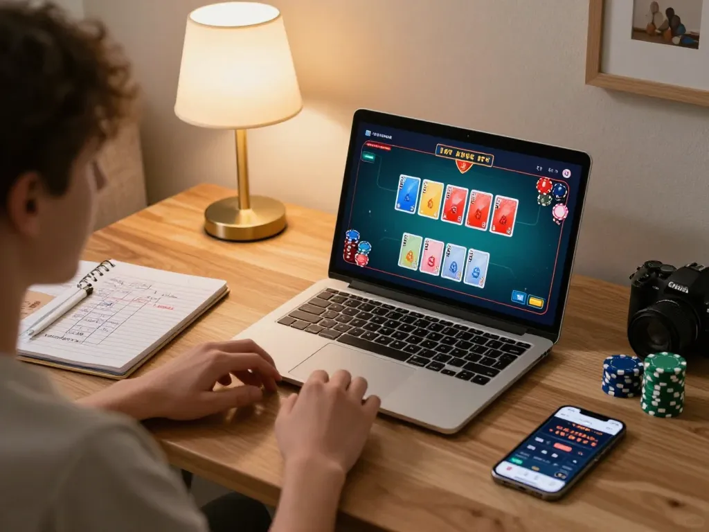 Engaged player enjoying a poker game on 888VI laptop at home, showcasing cozy gaming environment.