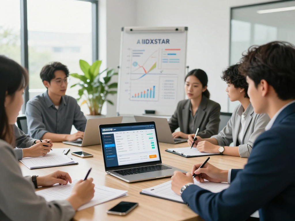 Team in a conference room discussing IDXSTAR software for real estate management.