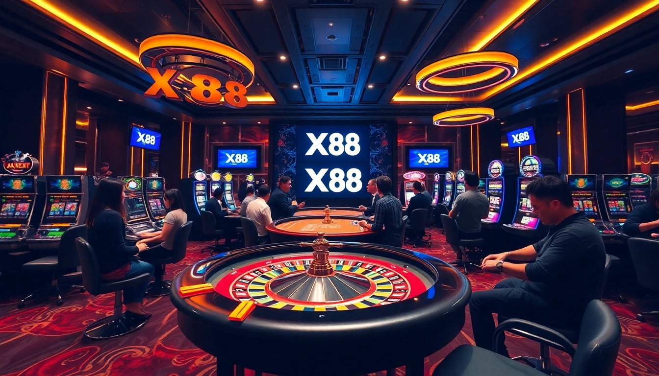 Play exciting games at the XX88 casino with vibrant chips and roulette wheel.