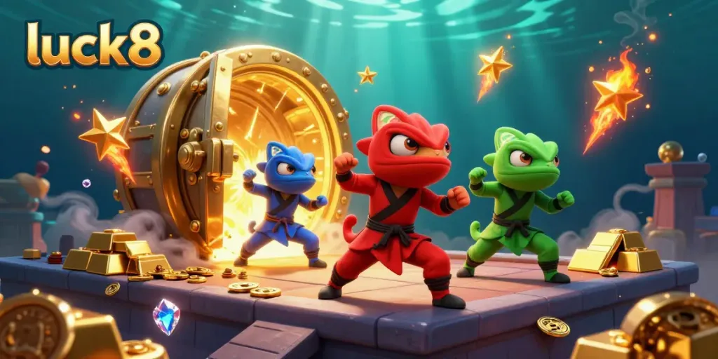 Experience the excitement of luck8 with ninja chameleons amidst golden treasures in a lively casino atmosphere.