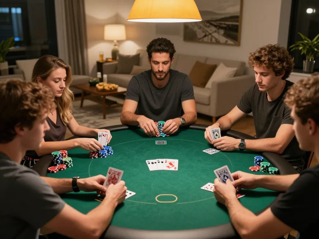 Kubet88 players engaging in a lively poker game, showcasing strategic gameplay and camaraderie among friends.