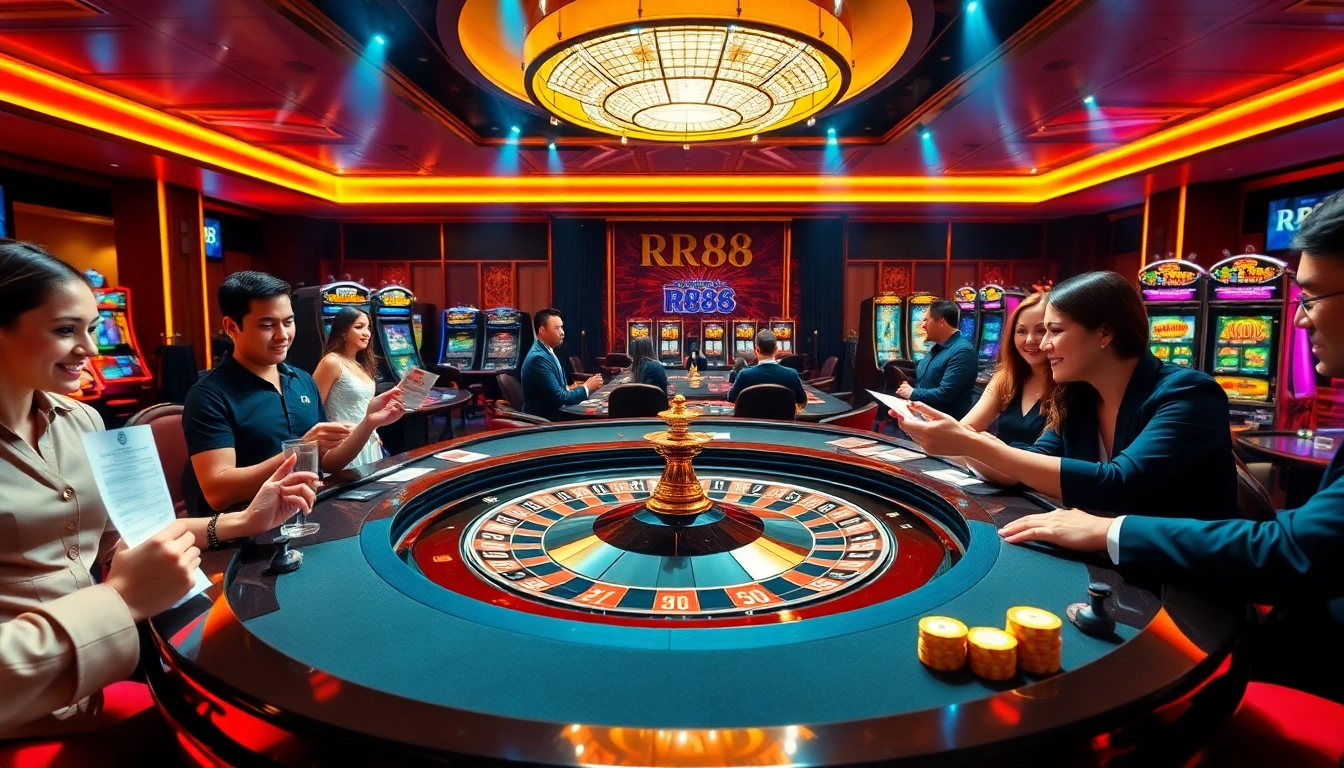 Players enjoying the thrill of gambling at RR88 casino with a vibrant roulette wheel.