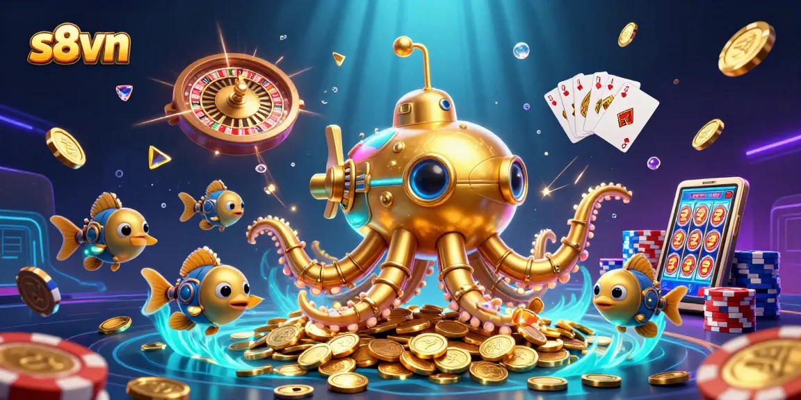 s8vn offers thrilling wins of golden coins, showcasing vibrant casino elements in a captivating underwater scene.