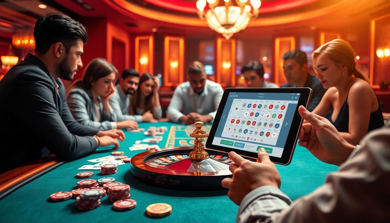 Players enjoying a thrilling session at nhà cái 69vn casino table, highlighting chips and cards.