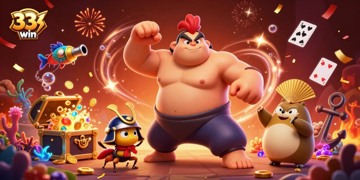 Feel the thrill of winning at 33win with powerful sumo and samurai characters in a vibrant gaming scene.