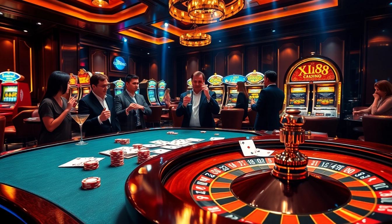 XIN88's luxurious gaming environment highlights engaged players at a poker table with colorful chips.