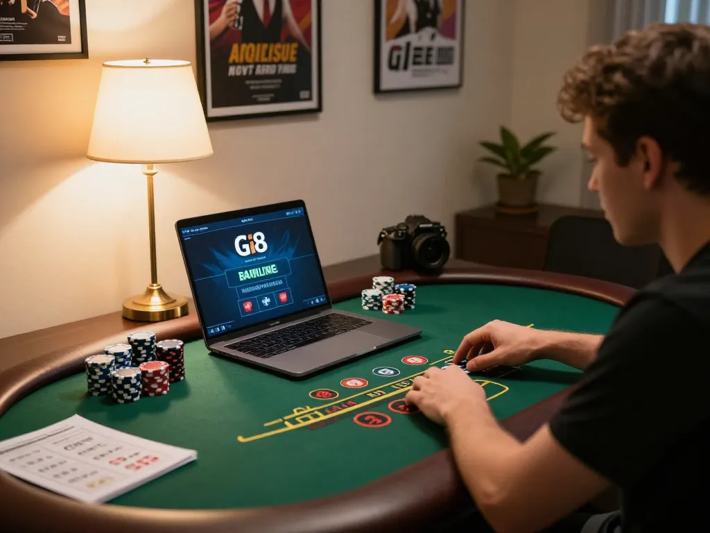 Engaged player enjoying gi8 live dealer blackjack on a laptop in a cozy home setting