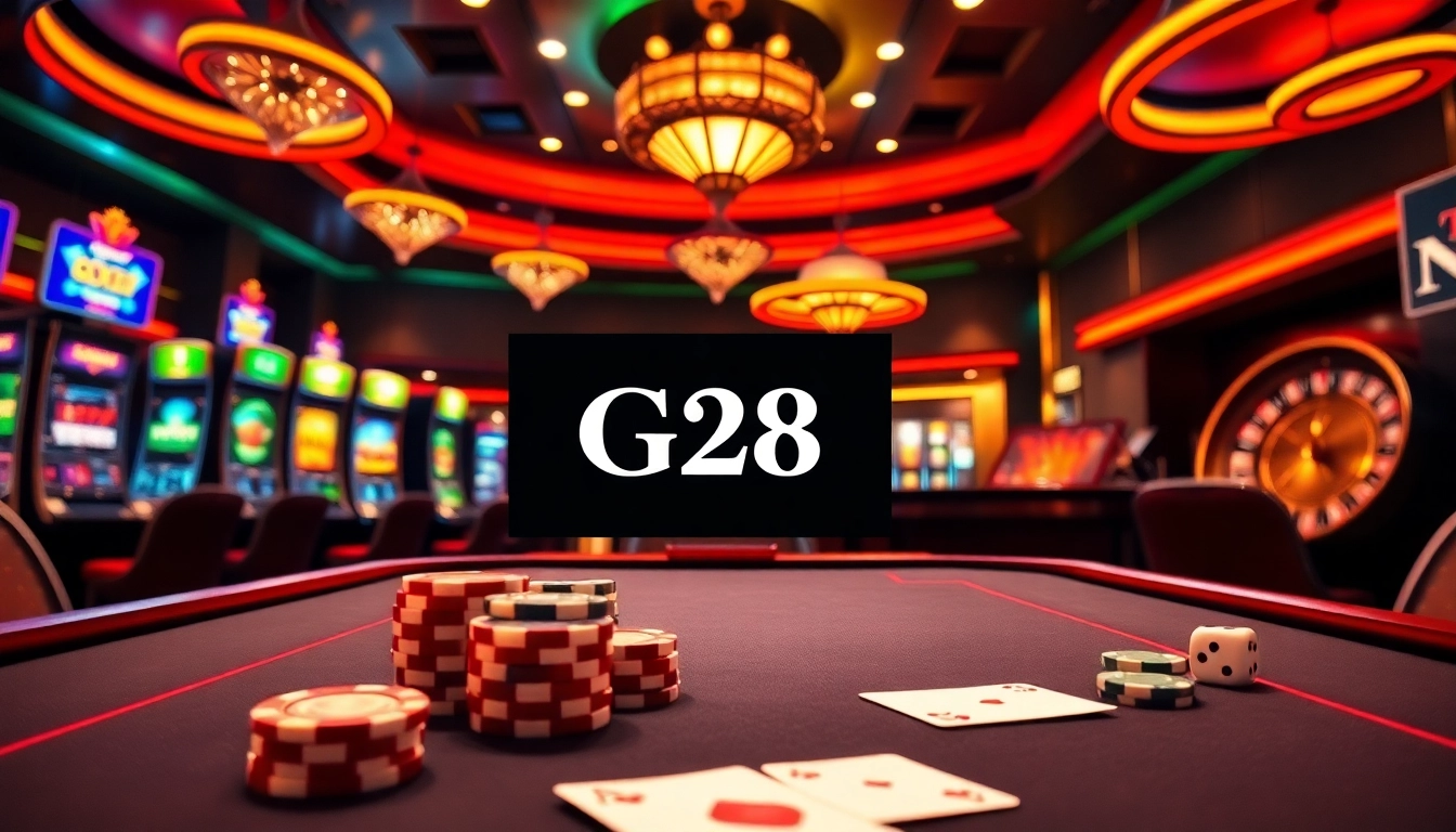 An engaging casino scene depicting the vibrant atmosphere of online gambling at https://g28.tech/ with casino tables and poker chips.