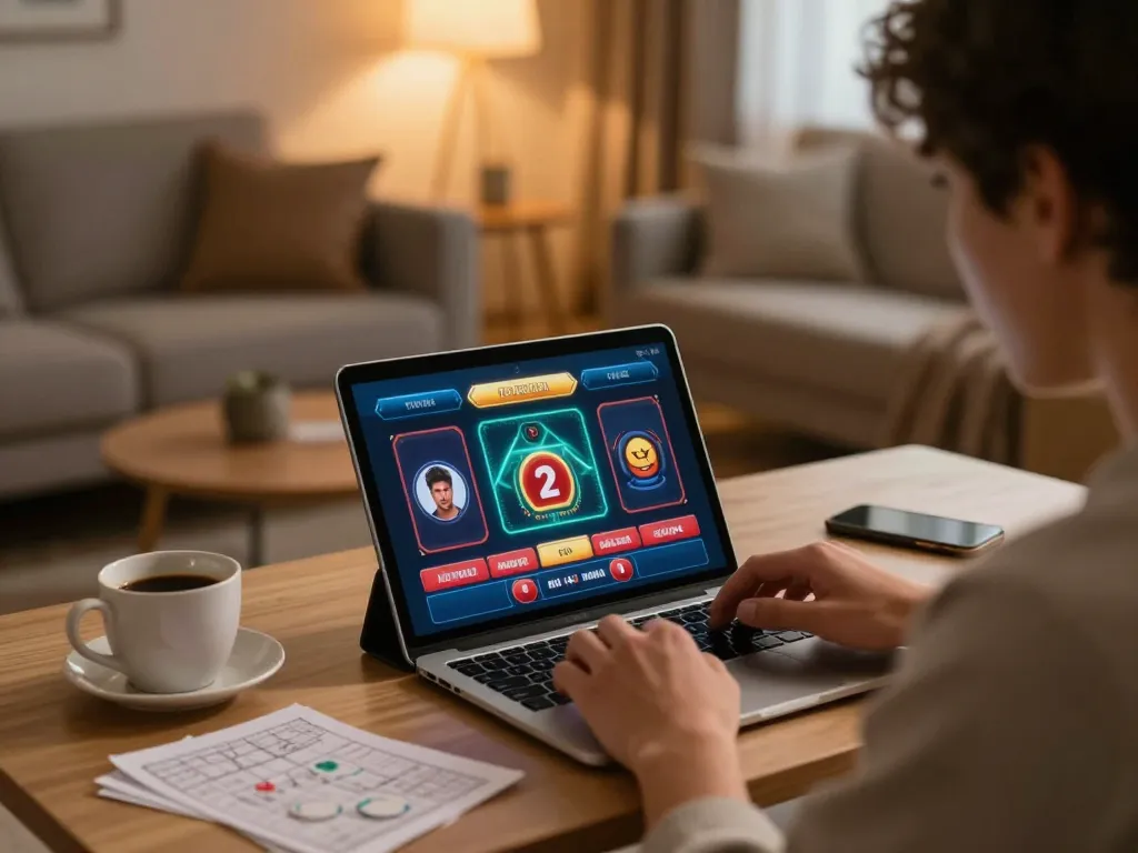 Player engaging with virtual MM88 casino on tablet, showcasing interactive betting features in a cozy home setting.