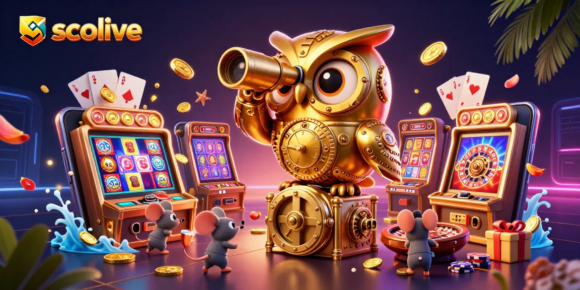 Socolive showcases a vibrant casino scene with an owl and mice engaging with dynamic gaming elements.