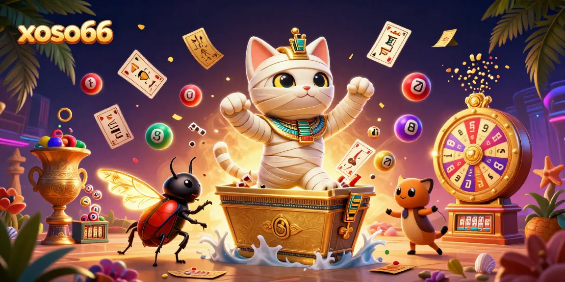 Spin and win at xoso66 with vibrant lottery balls and a playful mummy cat bursting into the scene!