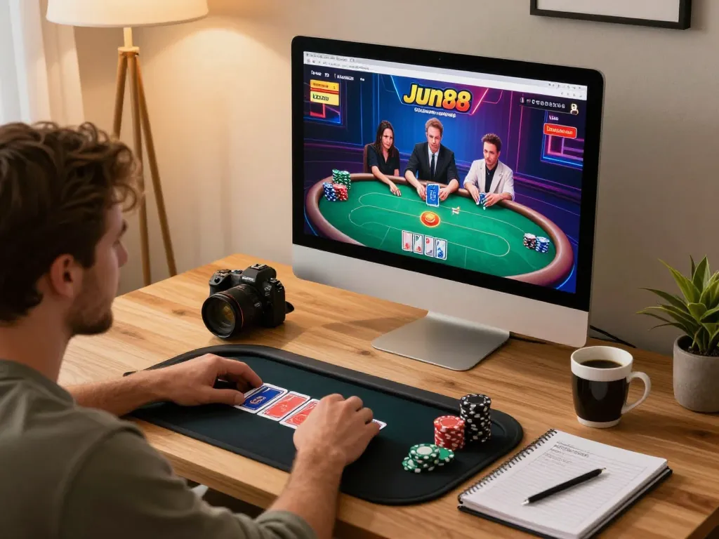 Experience engaging online poker gameplay on Jun88 platform from a cozy home office setting.
