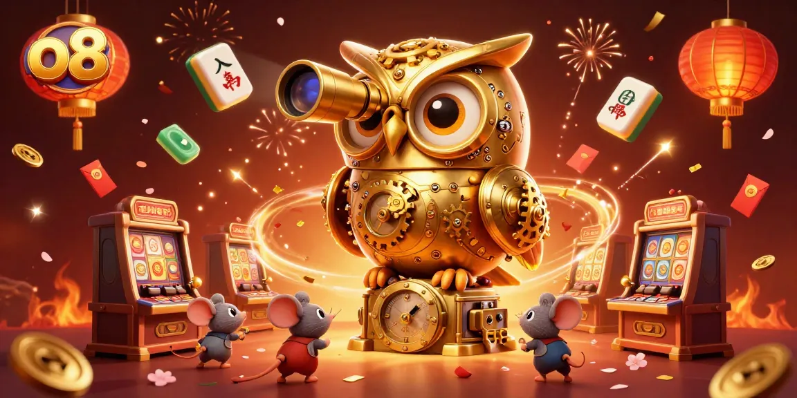 Experience the thrill of gaming at o8 with a dynamic casino scene featuring a golden owl and festive elements.
