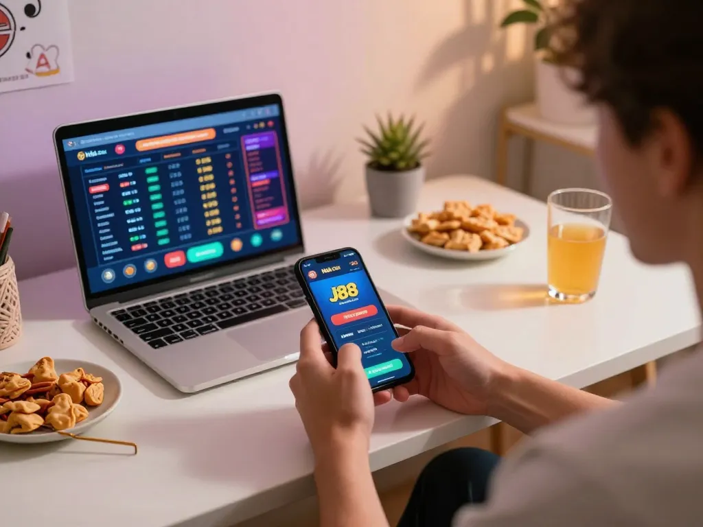 Player engaging with Nhà cái J88 mobile app while enjoying a comfortable home gaming session.