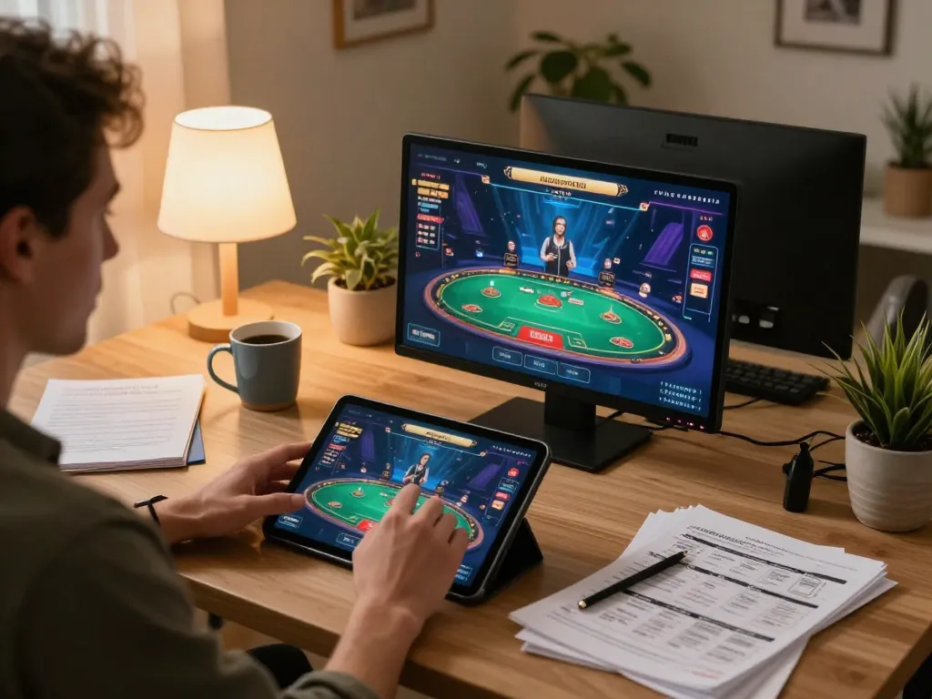 Engaged player using https://9bet9.in.net on tablet for live dealer gaming at home, showcasing strategic focus.