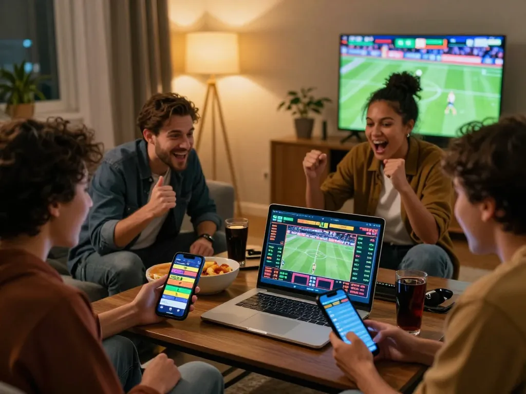 Engaging online betting scene with friends placing rikbet bets on a laptop in a lively living room.