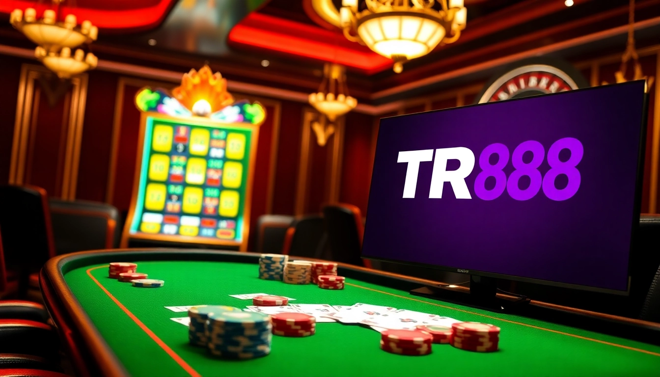 Engage in thrilling gameplay at the TR88 link, illustrated by vibrant casino elements including poker chips and a roulette wheel.