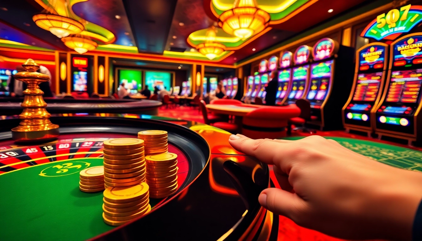 BONG88 casino scene with vibrant roulette and slot machines, inviting bets and excitement.