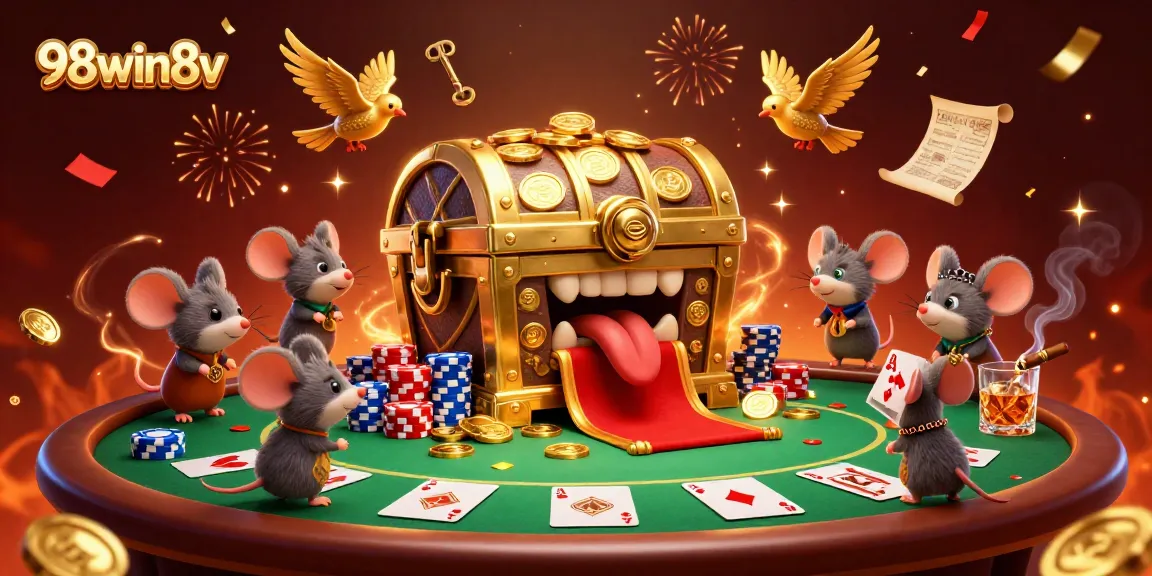 Experience the thrill of gaming with 98win8v's ultra-detailed casino scene featuring vibrant characters and poker elements.