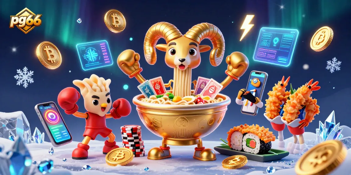 pg66 showcases a vibrant casino scene featuring a giant ramen bowl dealer with golden coins and crypto elements.
