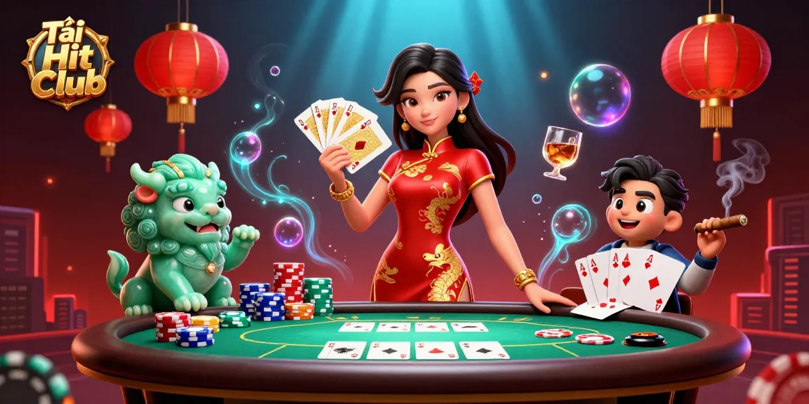 Tải Hit Club and win with a vibrant casino scene featuring poker elements and a crimson qipao heroine.