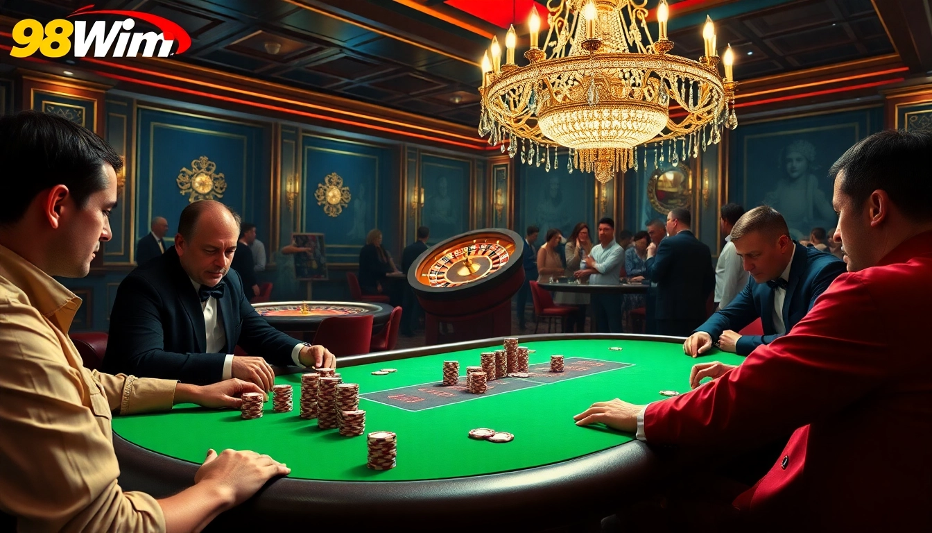 Experience thrilling poker action at 98Win with vibrant chips and an exciting atmosphere.