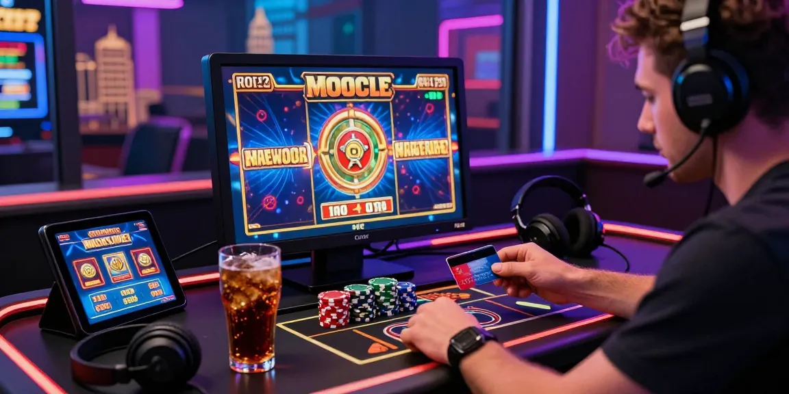 Player engaging in credit card casinos, enjoying vibrant slot games with dynamic lighting and modern gaming setup.