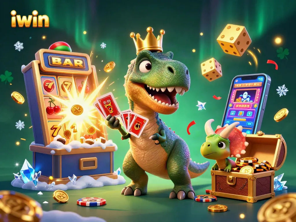 Play thrilling casino games with iwin's dynamic T-Rex and friendly pterodactyl in a vibrant scene