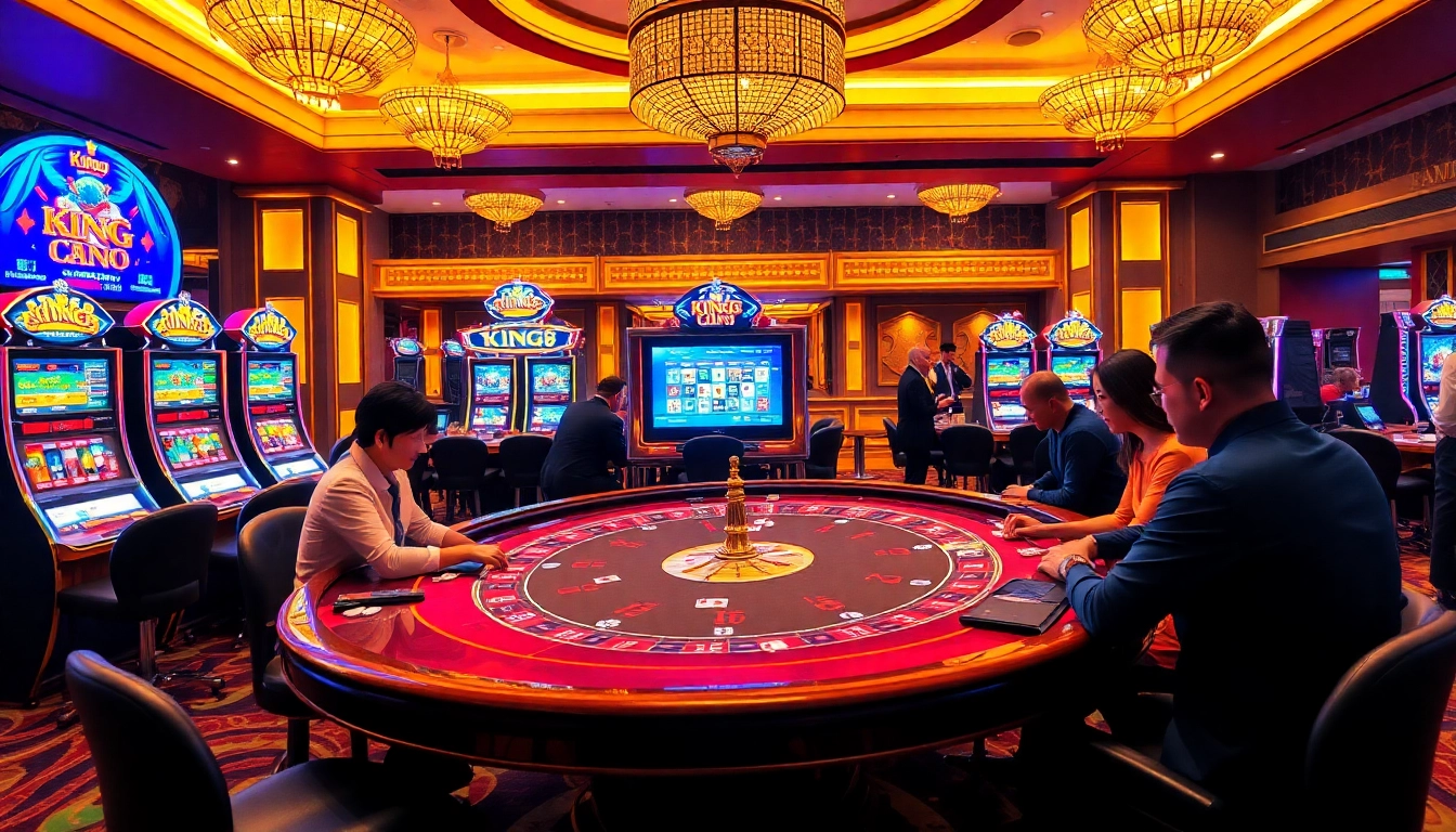 Players enjoying thrilling games at King88 casino with vibrant slot machines.