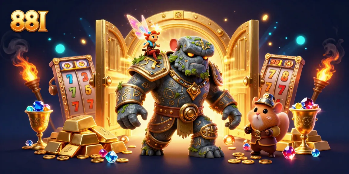 88I slots adventure featuring cartoon golem, fairy magic, and hamster knight amid riches