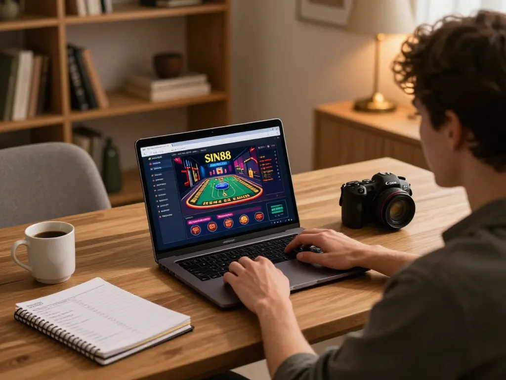 SIN88 online gaming experience showcasing a player on a laptop with strategic betting notes and cozy decor.