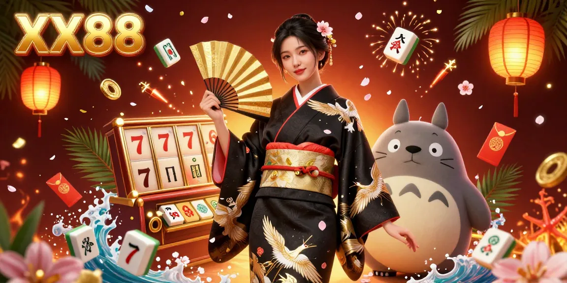Experience the vibrant thrills of XX88 as you spin the slot reels amidst a captivating digital illustration.