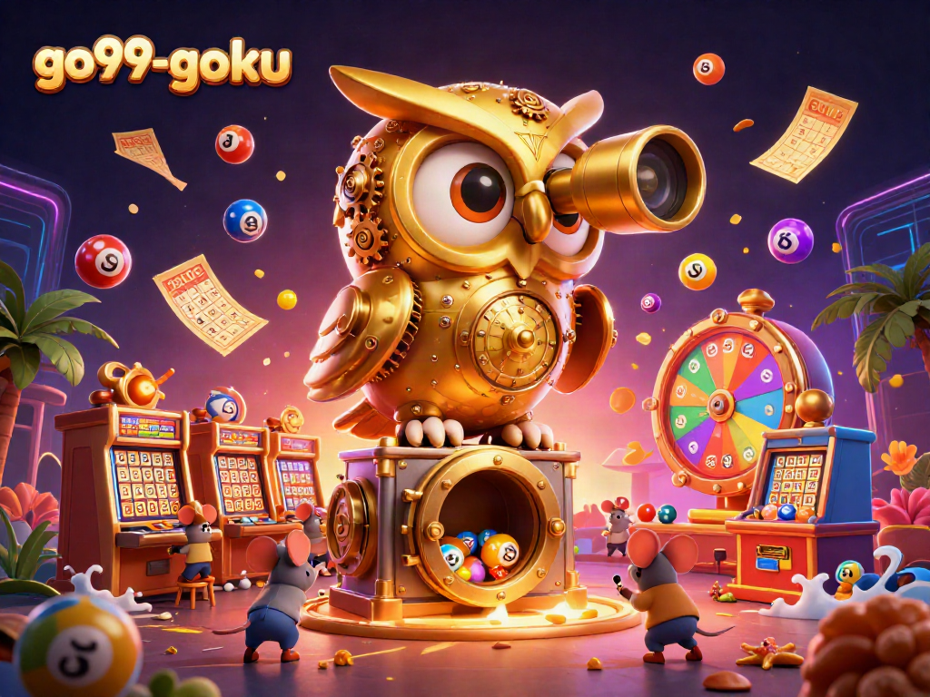 Engage with go99-goku's vibrant casino world featuring a clockwork owl overseeing playful patrons.