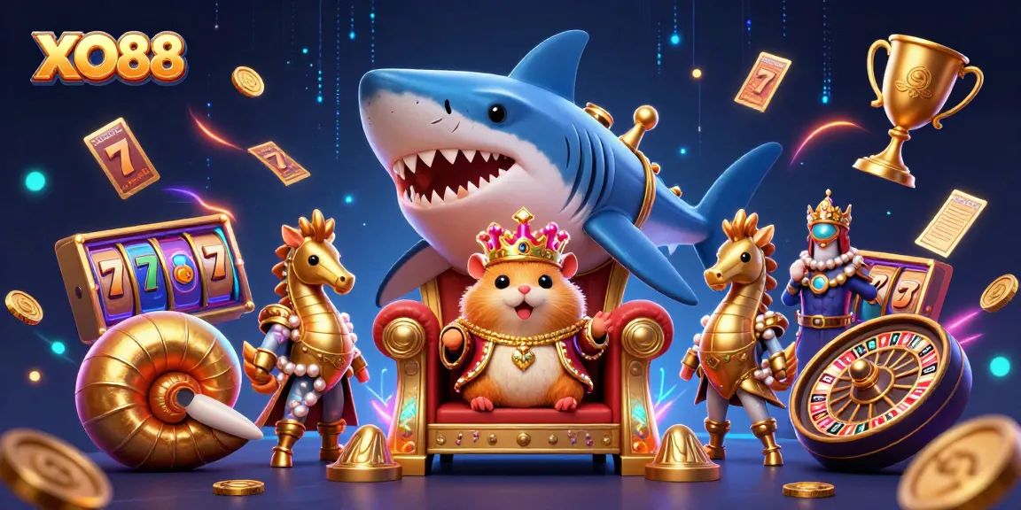 Engage with XO88's thrilling slot games featuring a fierce hamster king amidst vibrant visuals.