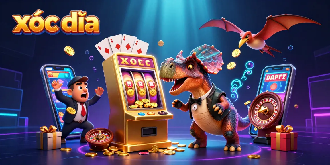 Experience thrilling xóc đĩa gameplay as a cartoon dinosaur interacts with a golden slot machine in this vibrant illustration.