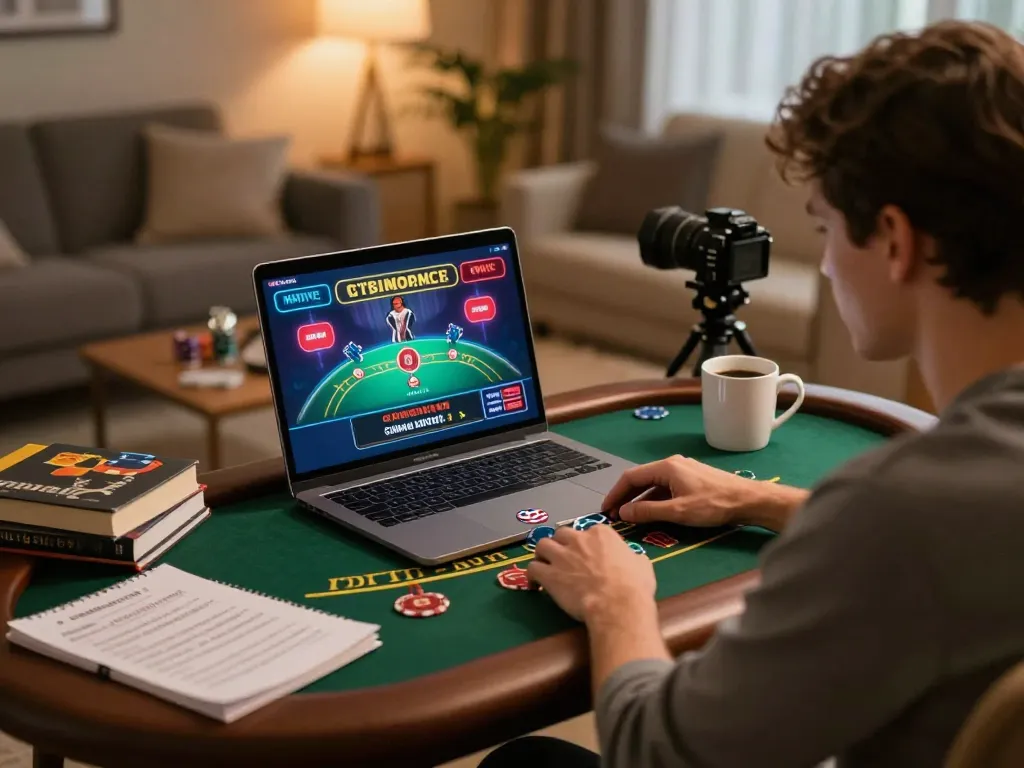 Player enjoying blackjack at ALO8 STUDIO in cozy home setting with strategy notes.