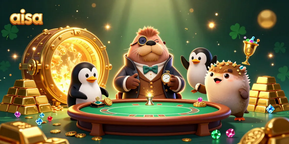 Playing poker at an underwater table, aisa, with a walrus and penguin surrounded by treasures.