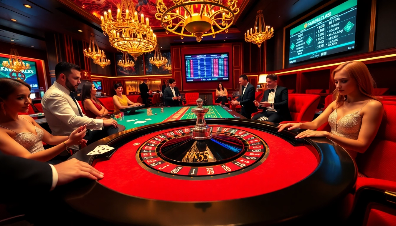 KK55 roulette table where players engage in high-stakes betting in a luxurious casino atmosphere.
