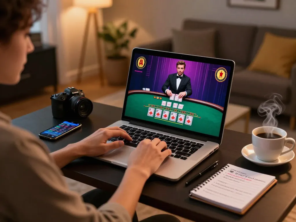 Engaging in a live blackjack game at kp88 with a cozy home setup and strategic notes.