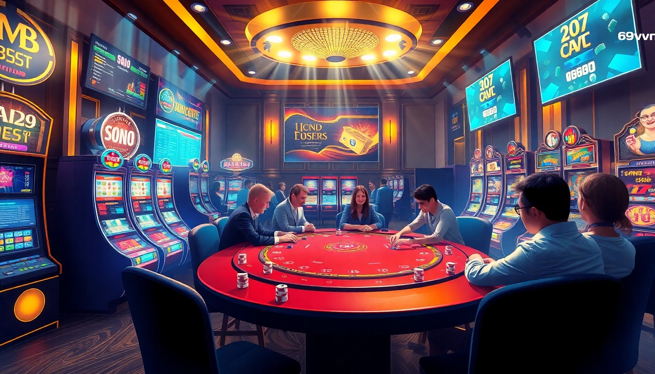House of excitement at Nhà cái 69VN featuring players at a vibrant poker table and dazzling slot machines.
